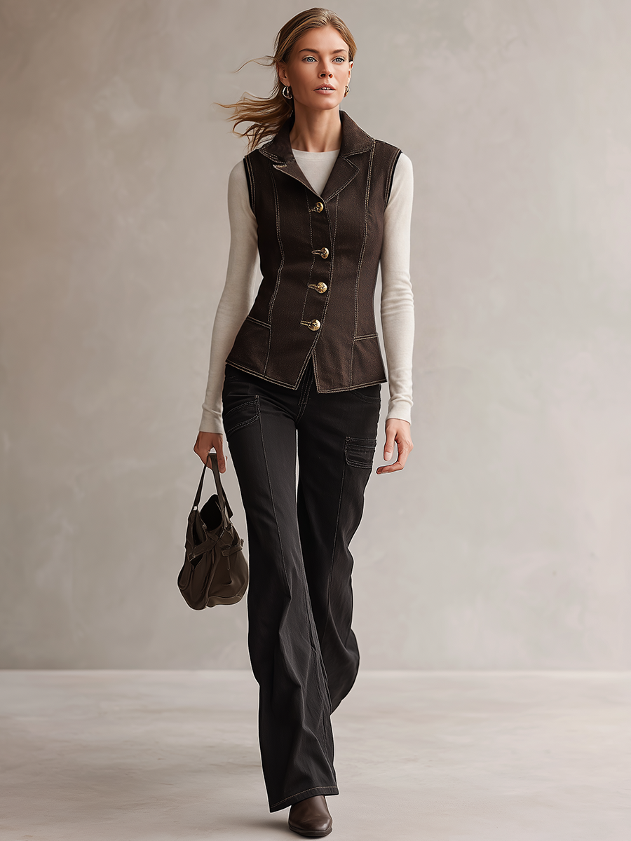 Women's Brown Denim Vest Fitted Lapel Button-Front Western Waistcoat