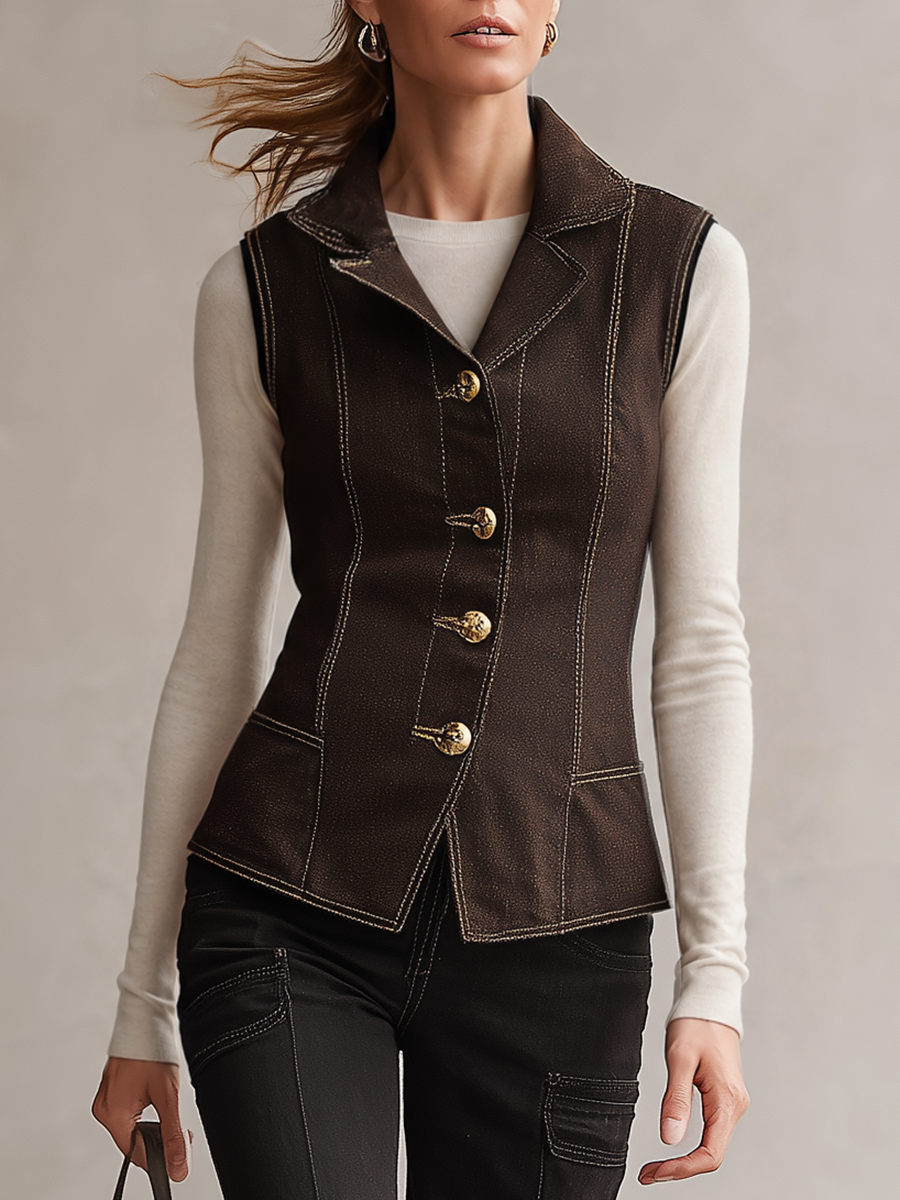 Women's Brown Denim Vest Fitted Lapel Button-Front Western Waistcoat