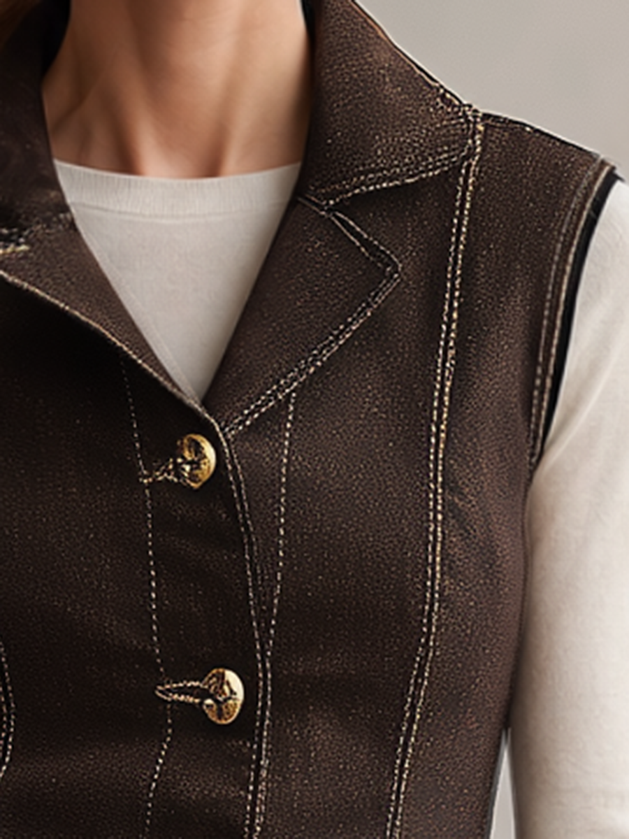 Women's Brown Denim Vest Fitted Lapel Button-Front Western Waistcoat