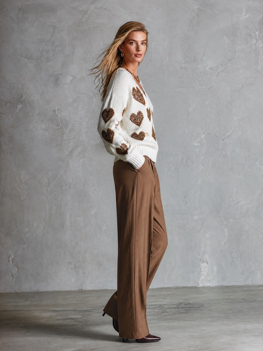 Women's Oversized Pullover V-Neck Heart Pattern Knit Sweater