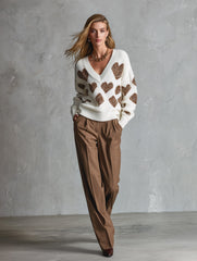 Women's Oversized Pullover V-Neck Heart Pattern Knit Sweater