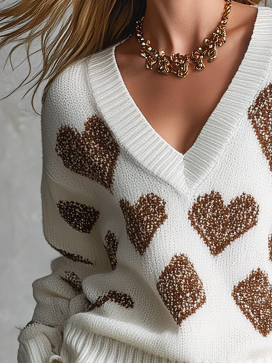 Women's Oversized Pullover V-Neck Heart Pattern Knit Sweater