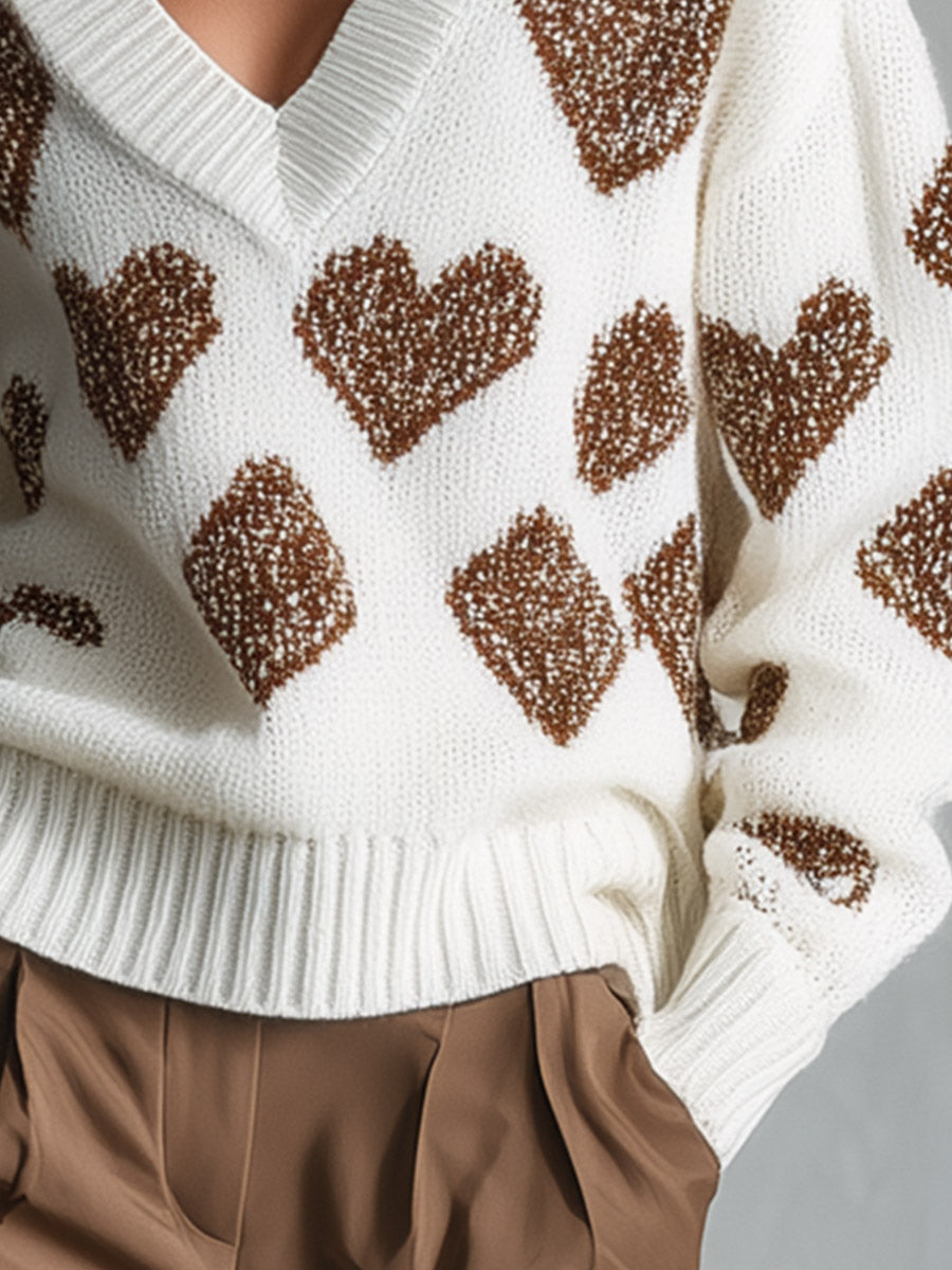Women's Oversized Pullover V-Neck Heart Pattern Knit Sweater