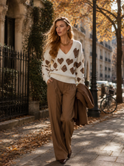 Women's Oversized Pullover V-Neck Heart Pattern Knit Sweater