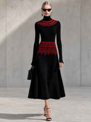 Retro-chic Red Patterned Knitted Maxi Dress