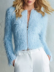 Women's Soft Fuzzy Knit Zip-Up Cardigan Sweater