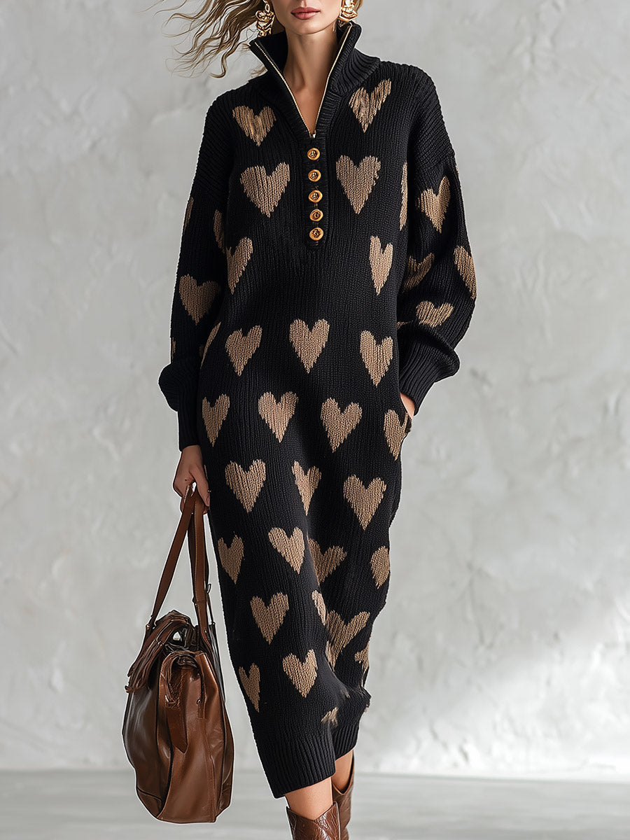 Women's Heart Jacquard Half-Zip Long Sleeve Sweater Midi Dress