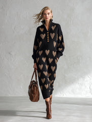 Women's Heart Jacquard Half-Zip Long Sleeve Sweater Midi Dress