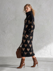 Women's Heart Jacquard Half-Zip Long Sleeve Sweater Midi Dress