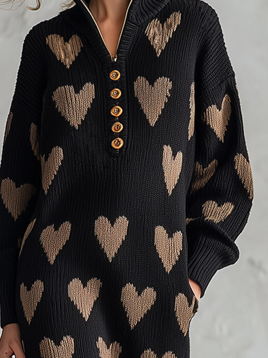Women's Heart Jacquard Half-Zip Long Sleeve Sweater Midi Dress