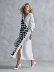 Women's V-Neck Black and White Houndstooth Knit Sweater Maxi Dress