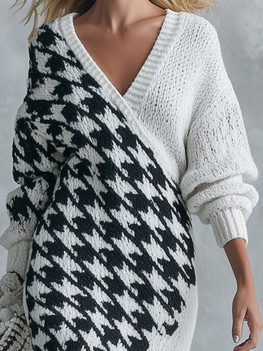 Women's V-Neck Black and White Houndstooth Knit Sweater Maxi Dress