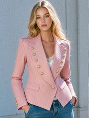 Retro-elegant Pink Striped Double-breasted Blazer