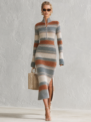 Retro-casual Elegant Stand-collar Horizontal-stripe Knit Dress