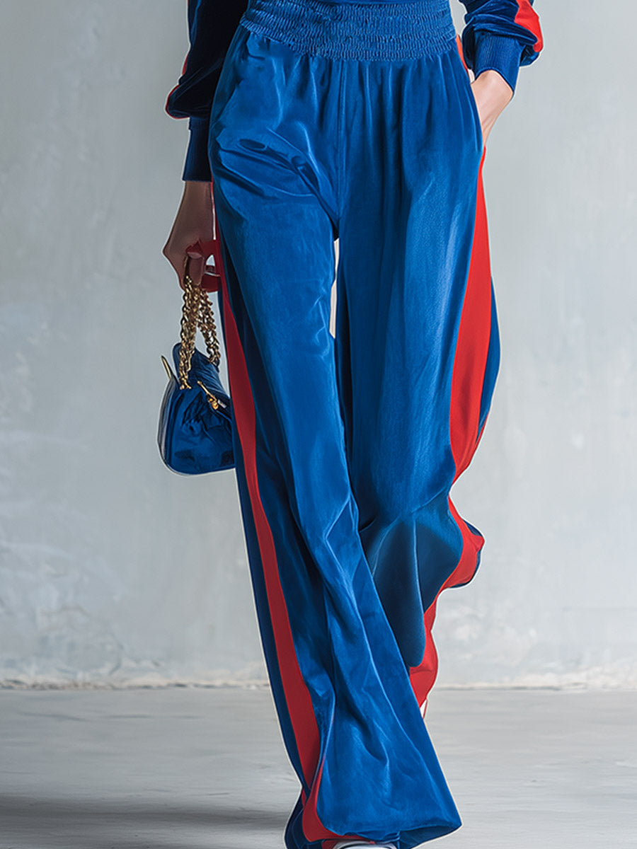 Women's Sporty Style Contrast-Trim Velvet Zip-Up Jacket & Wide-Leg Pants Two-Piece Set