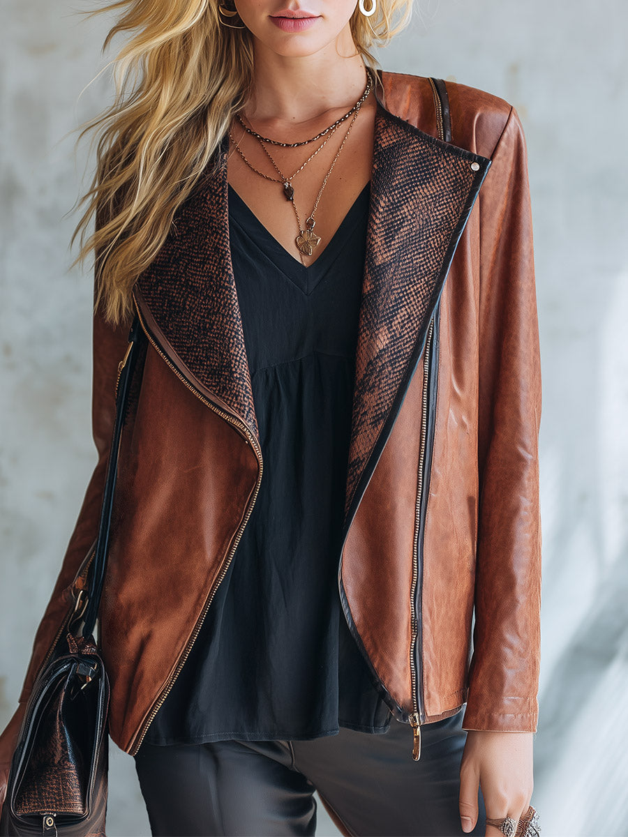 Women's Faux Leather Snake Print Lapel Moto Jacket
