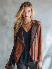 Women's Faux Leather Snake Print Lapel Moto Jacket