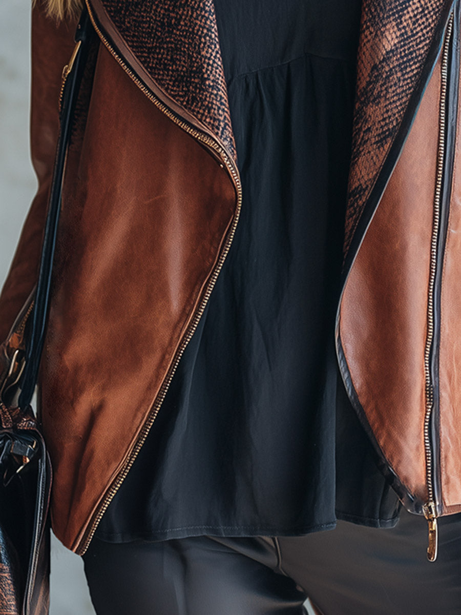 Women's Faux Leather Snake Print Lapel Moto Jacket