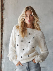 Versatile Plush 3D Pom-pom White Sweater