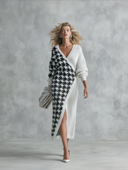 Women's V-Neck Black and White Houndstooth Knit Sweater Maxi Dress