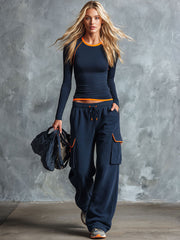 Retro Sporty Color-blocked Blue Cotton Pants