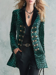 Vintage Military Style Horizontal Button Green Leopard Print Velvet Blazer