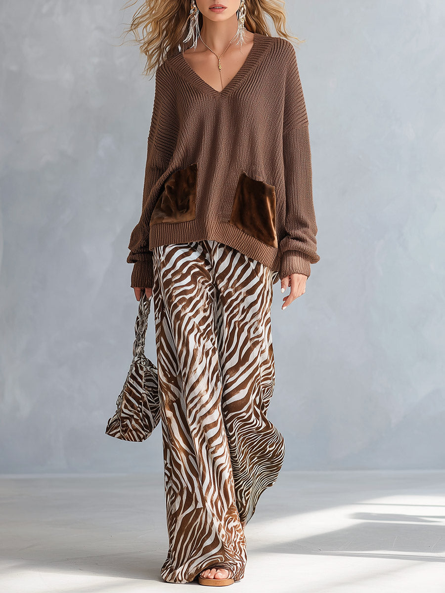 Stylish Everyday Brown V-Neck Sweater & Zebra-Print Velvet Wide-Leg Pants Set