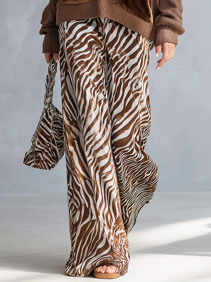 Stylish Everyday Brown V-Neck Sweater & Zebra-Print Velvet Wide-Leg Pants Set
