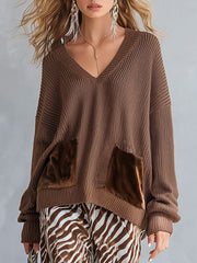 Stylish Everyday Brown V-Neck Sweater & Zebra-Print Velvet Wide-Leg Pants Set
