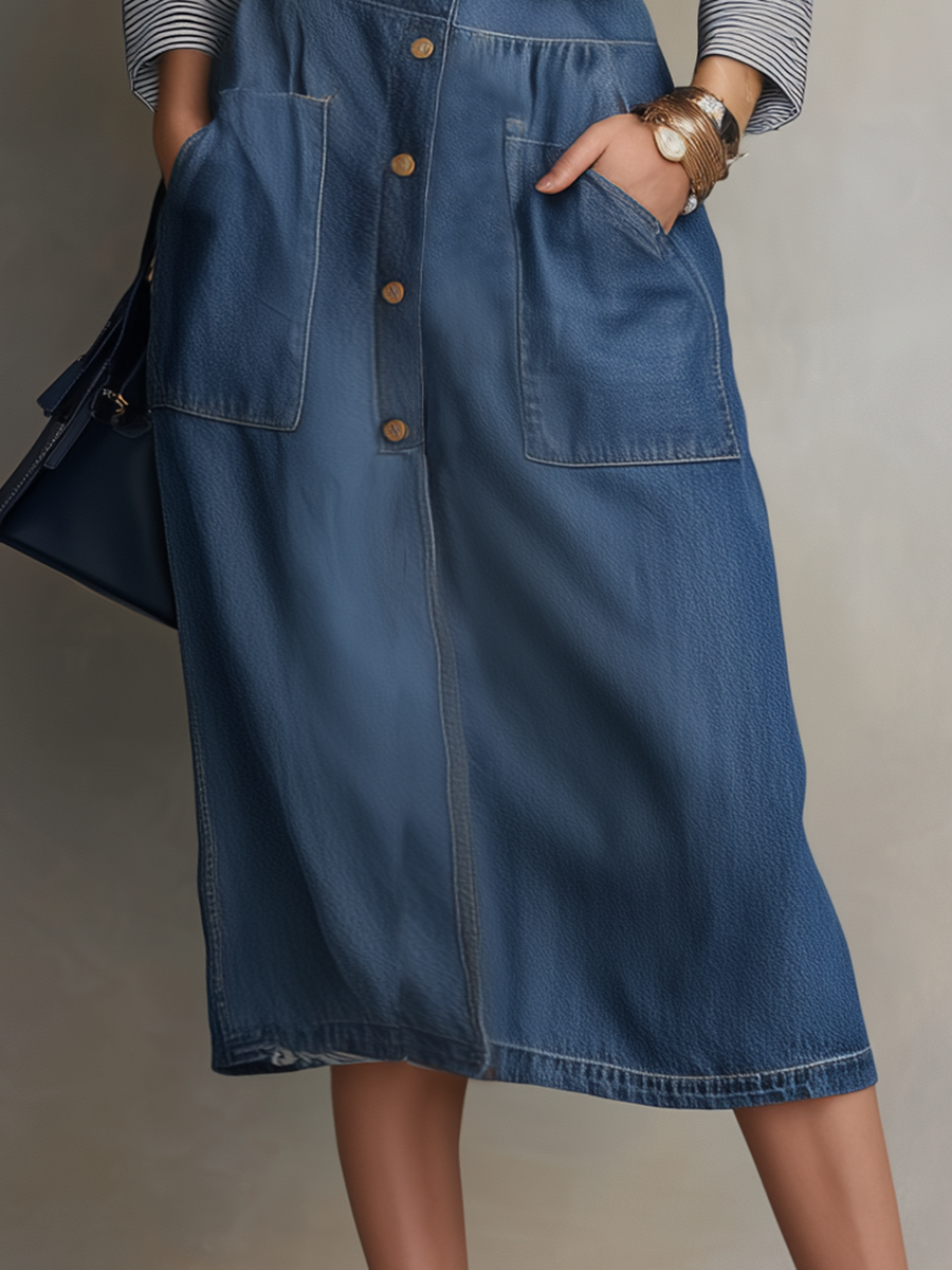 Women's Blue Denim Shirt Dress Belted Button-Front Midi Utility Dress