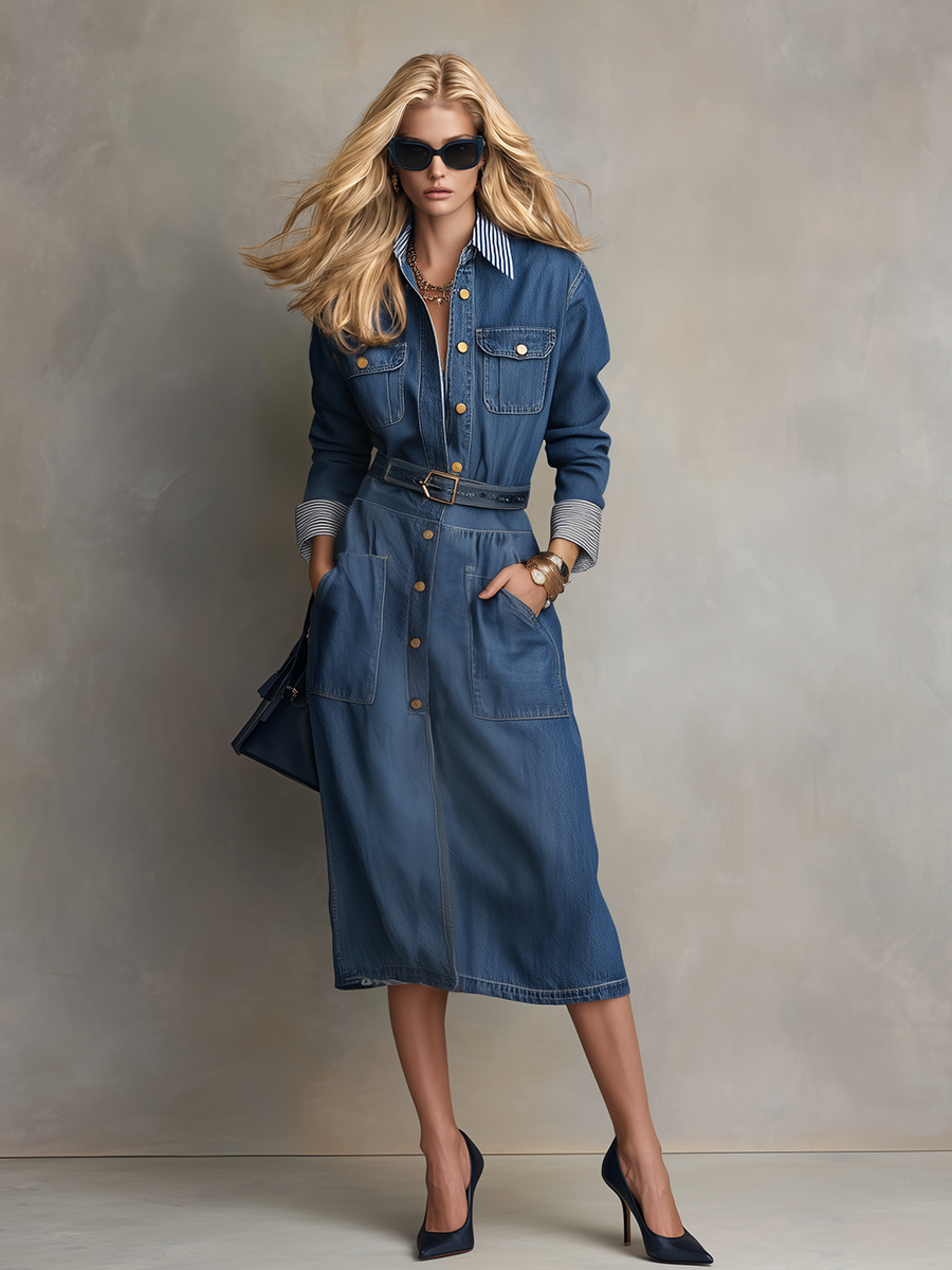 Women's Blue Denim Shirt Dress Belted Button-Front Midi Utility Dress