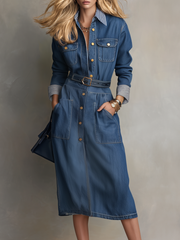 Women's Blue Denim Shirt Dress Belted Button-Front Midi Utility Dress