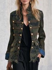 Vintage Camo Denim Stand-Collar Gold-Button Frayed-Hem Jacket