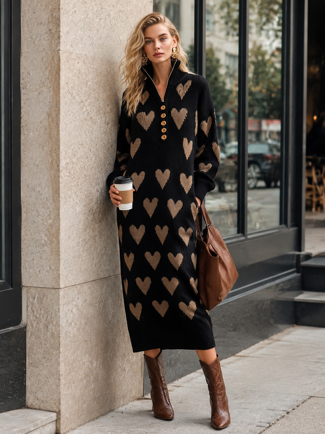 Women's Heart Jacquard Half-Zip Long Sleeve Sweater Midi Dress