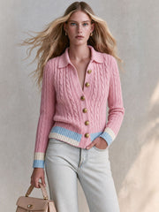 Retro-elegant Pink Color-blocked Single-breasted Knit Cardigan