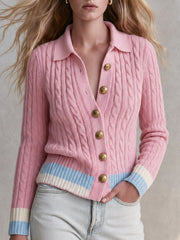 Retro-elegant Pink Color-blocked Single-breasted Knit Cardigan