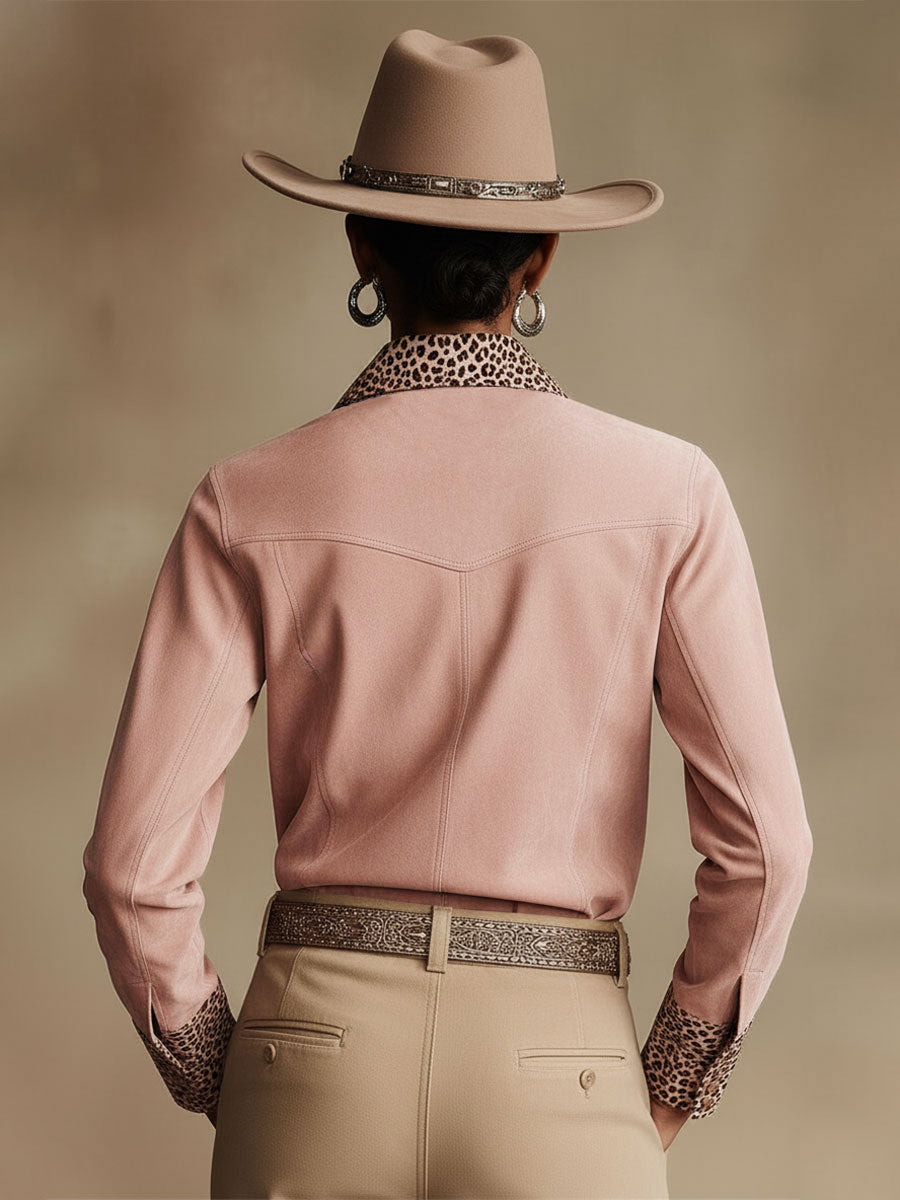 Western Retro Leopard Print Pink Faux Suede Long-Sleeve Shirt