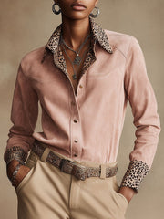 Western Retro Leopard Print Pink Faux Suede Long-Sleeve Shirt