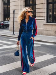 Women's Sporty Style Contrast-Trim Velvet Zip-Up Jacket & Wide-Leg Pants Two-Piece Set