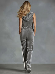 V-neck Hooded Sleeveless Top And Pants Velvet Set