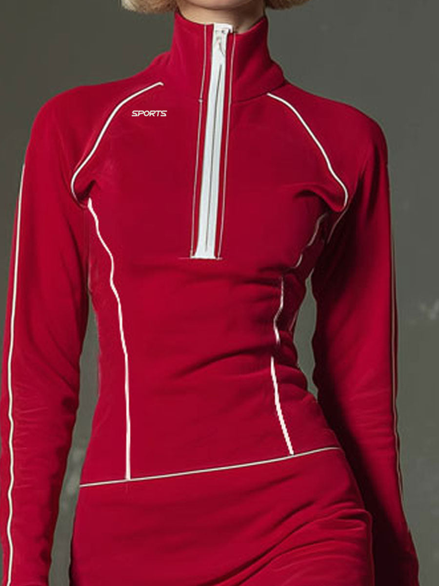 Sporty Stand Collar Zip-up Contrasting Trim Long-sleeved Mini Dress