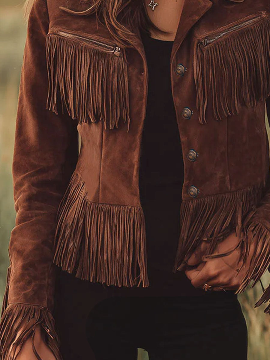 Western-style Brown Suede Tassel Zip-up Jacket