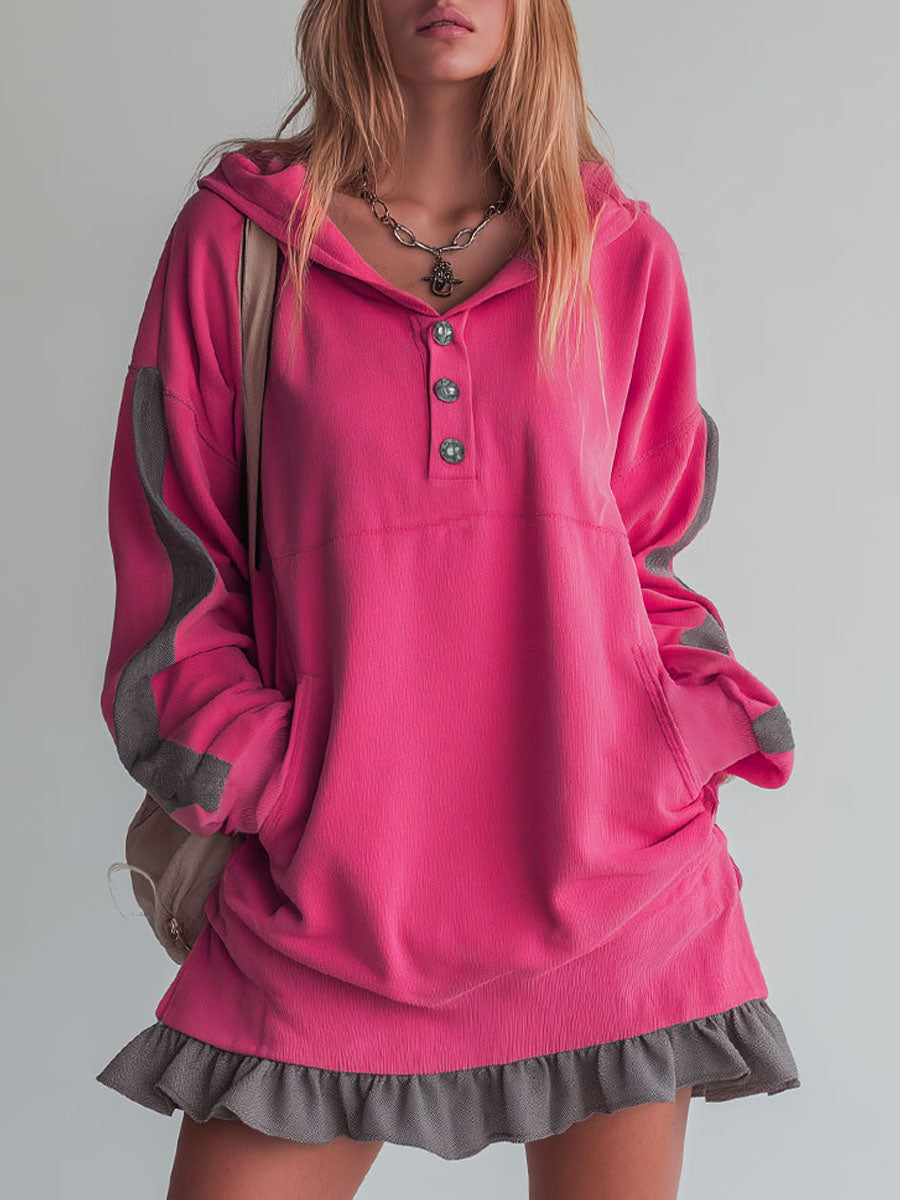 Sporty Color-blocked Ruffled Half-zip Hooded Long-sleeved Mini Dress