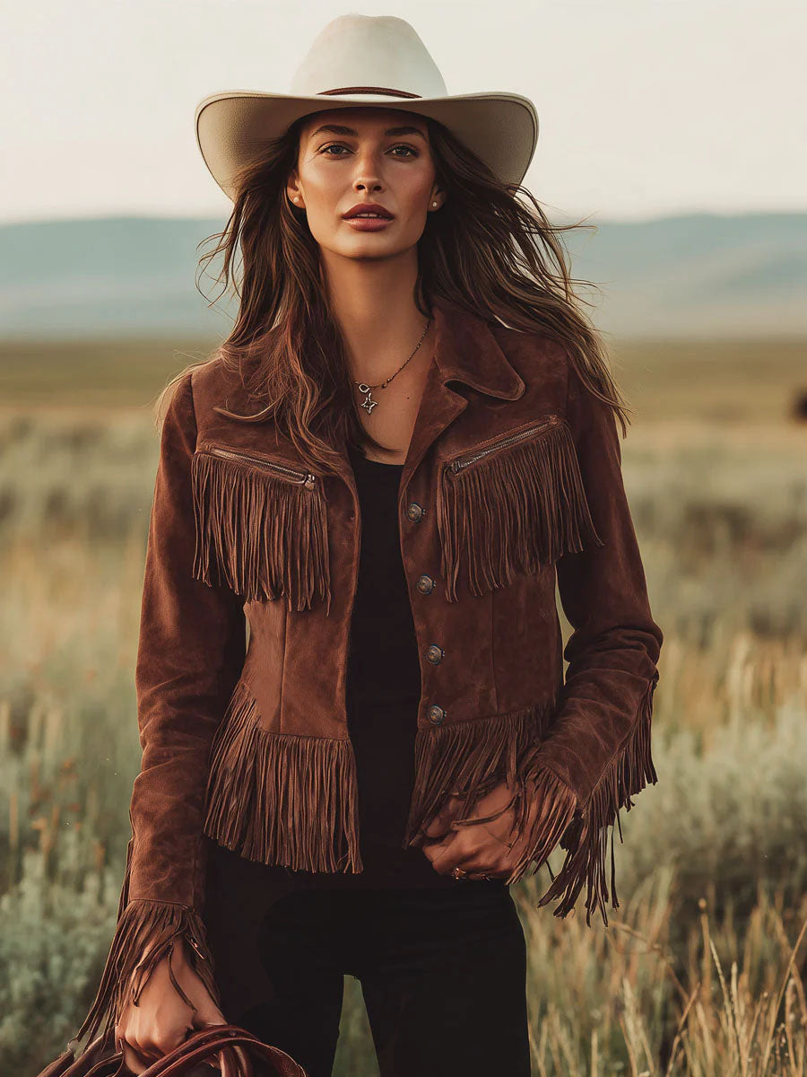 Western-style Brown Suede Tassel Zip-up Jacket