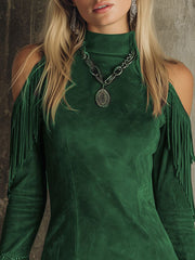 Semi-high Neck Off-the-shoulder Fringed Faux Suede Long-sleeved Mini Dress