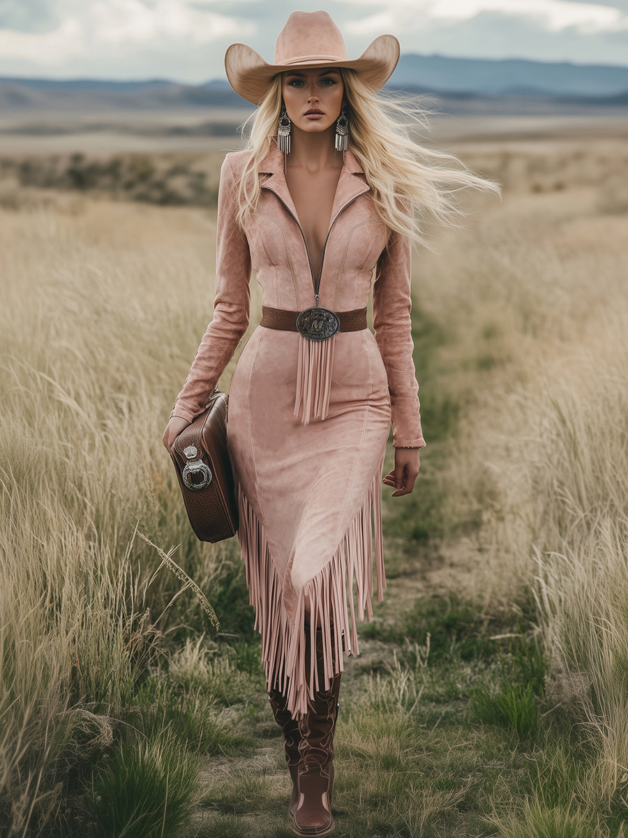 Western Retro Pink Long-sleeved Tassel Midi Dress