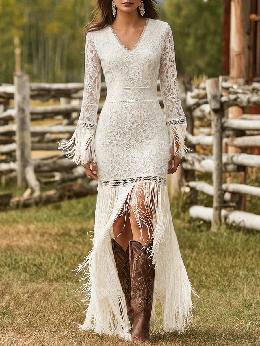 Retro White Lace V-neck Long Sleeve Tassel Short Front And Long Back Skirt Maxi Dress
