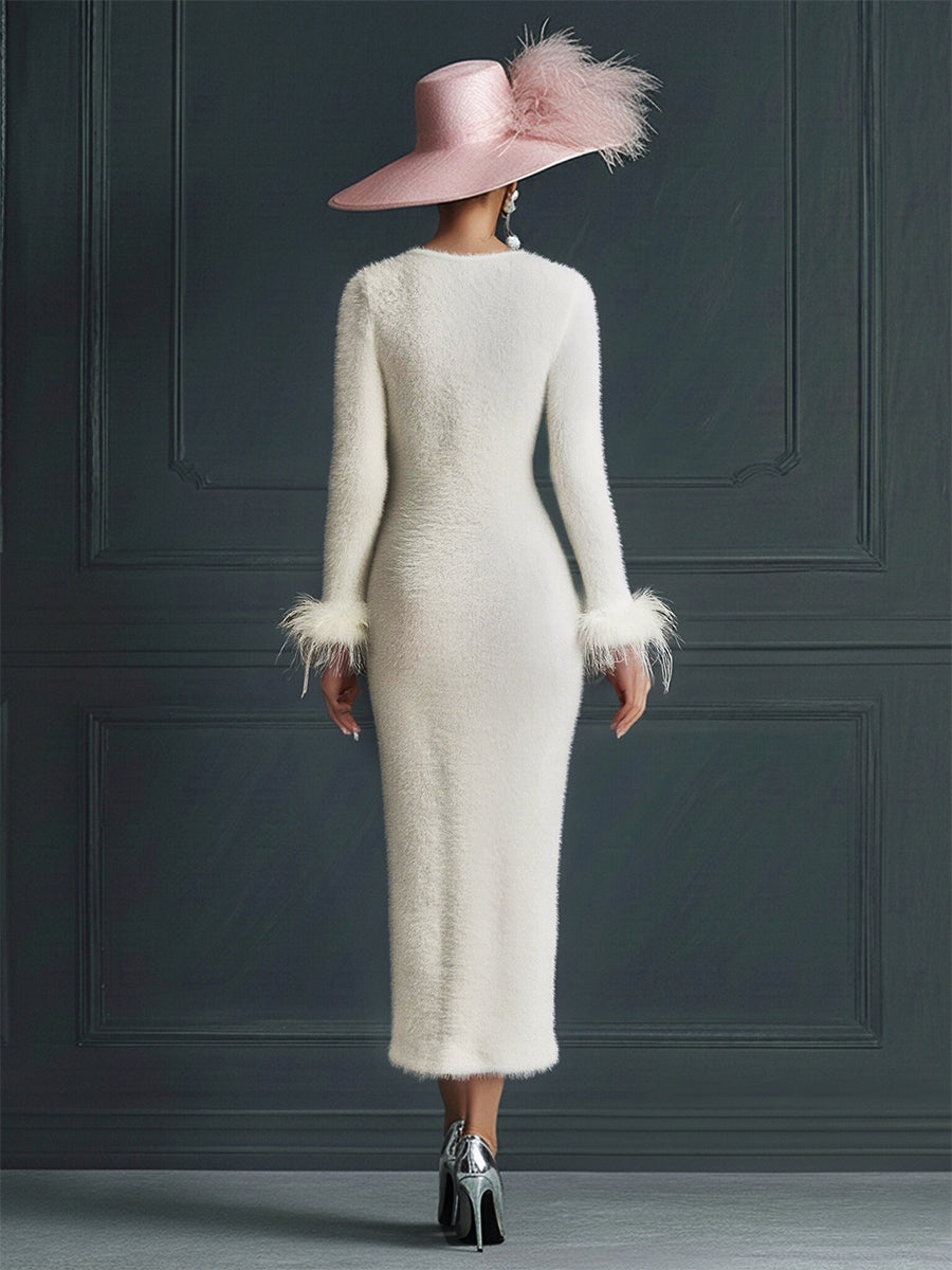 White Mohair V-neck Button Imitation Ostrich Feather Midi Dress
