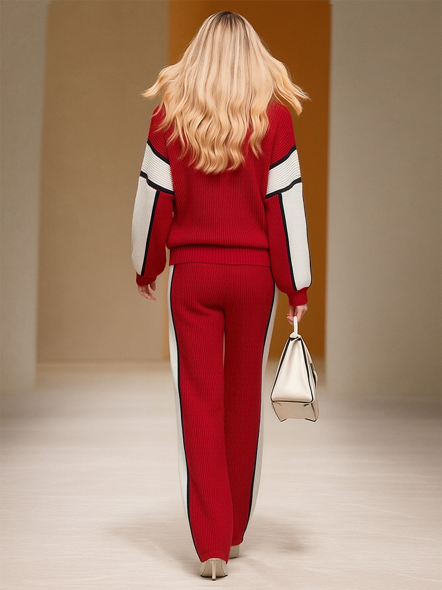 Retro Sports Style Contrast Color Knit Top And Pants Set