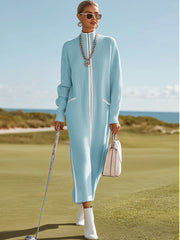 Sporty And Stylish White-trimmed Blue Knit Maxi Dress